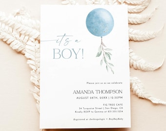 Invito per baby shower per maschietto / Invito per baby shower boho per maschietto / Invito per baby shower con palloncini blu / Baby shower per maschietto / B4