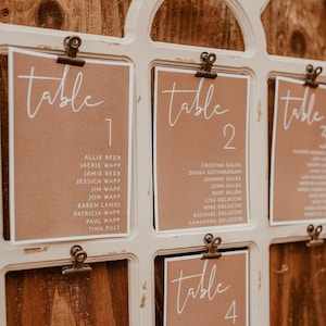 Puede incluir: Un marco de madera blanco con cuatro tarjetas marrones sujetas a él. Cada tarjeta tiene un número de mesa escrito en blanco y una lista de nombres debajo. Las tarjetas están etiquetadas como "Mesa 1", "Mesa 2", "Mesa 3" y "Mesa 4".