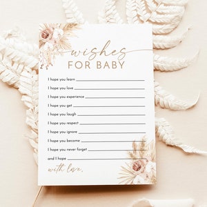 Souhaits bohèmes pour carte de baby shower, baby shower bohème, douche d'herbe de la pampa, souvenir de bébé, baby shower de fille, modèle modifiable, PG-01