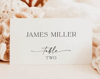 Op de afbeelding: Witte kaart met zwarte tekst die "JAMES MILLER Table TWO" luidt. De kaart ligt op een wit oppervlak met koraal en een gedroogd palmblad op de achtergrond.