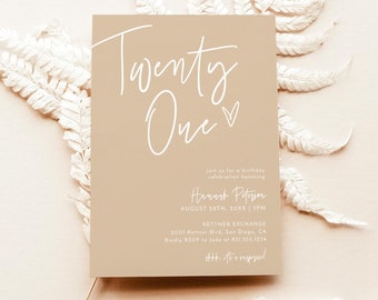 Invito per festa di compleanno moderna, boho, toni neutri, 21°, download immediato, modello modificabile, BM1