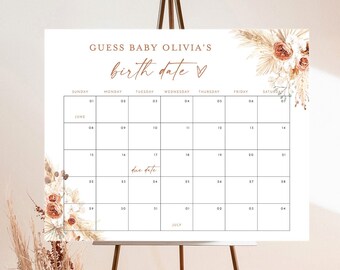 Boho Baby Due Date Calendar Game, Editable Prediction, Girl Shower, Guess Baby's Birth Poster, Instant Download, Editable Template, A2