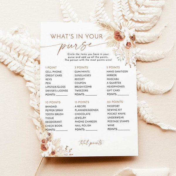 What's in Your Purse Bridal Shower Game | Pampas Grass Bridal Shower | Boho Bridal Shower Games | Arch Bridal Shower | A2