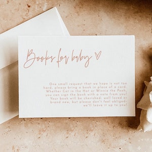 Boeken voor babykaart, boekverzoek invoegen, moderne minimalistische babyshower, blush babyshower, boho babyshower, bewerkbare sjabloon, BM1