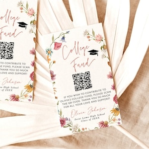 College Fund Card, QR Code College Fund afstuderen, College Fund afstudeerkaart, Wildflower afstudeerfeest, bewerkbare sjabloon W1