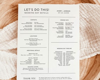 Wedding Day Details Template | Wedding Day Schedule | Wedding Party Timeline | Bridal Party Timeline | Minimalist Wedding Party Itinerary M9