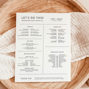 Wedding Day Details Template, Wedding Day Schedule, Wedding Party Timeline, Bridal Party Timeline, Minimalist Wedding Party Itinerary M9