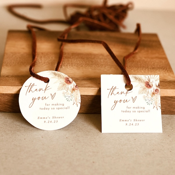 Pampas Grass Favor Tag Template | Round Favor Tags | Square Favor Tag | Terracotta Wedding | Burnt Orange Desert Wedding Thank You Tags | A2