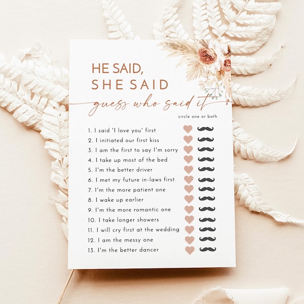 Pampas Grass He Said She Said Game | Boho Bridal Shower Game | Editable Guess Who Said It Bridal Trivia | Arched Bridal Shower Game | A2