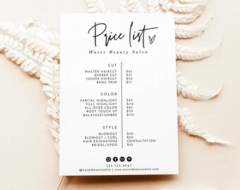 Boho Small Business Price List Template, Beauty, Modern Salon, Editable Pricing Sheet, Instant Download, Spa