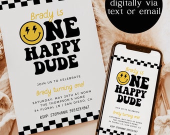 One Happy Dude Birthday Invite Template, Smiley Face Birthday Invite, Boy 1st Birthday, Lightening Bolt Smiley, Editable Template, S4