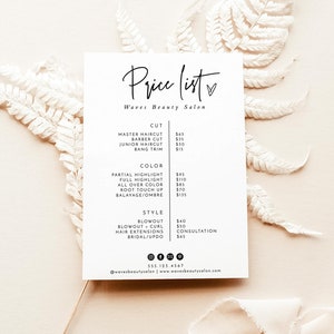 Modelo de lista de preços Boho para pequenas empresas, lista de preços de beleza, lista de preços de salão moderno, modelo de folha de preços editável, lista de preços de spa