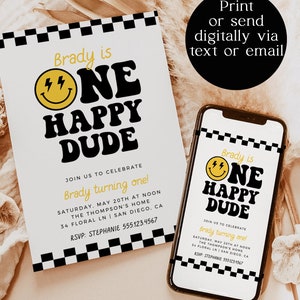 One Happy Dude Birthday Invite Template, Smiley Face Birthday Invite, Boy 1st Birthday, Lightening Bolt Smiley, Editable Template, S4