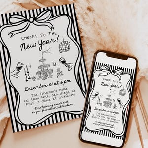 以下が含まれることがあります： 「Cheers to the New Year!」のテキストとイベントの詳細が記載された、白黒の新年会の招待状。同じデザインのスマートフォンと一緒に表示されています。デザインには、リボン、ディスコボール、飲み物のイラストが含まれています。