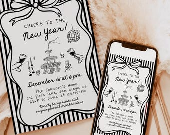 New Year’s Eve Invitation Template Black and White Party Invite Cheers to the New Year Editable Template NYE Cocktail Party, H1