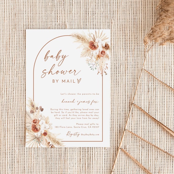 Baby Shower By Mail Invite | Girl Baby Shower | Modern Minimalist Arch Baby Shower Invite | Bohemian Pampas Grass | Editable Template | A2