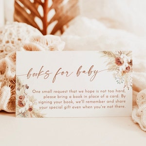 Boho-Bücher für Babykarte, Buchanfrage-Einlage, Mädchen-Babypartykarte, Pampasgras-Babypartybücher für Baby, bearbeitbare Vorlage, A2