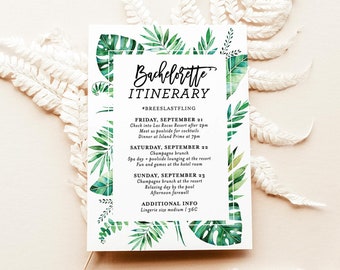 Tropical Bachelorette Party Itinerary Template | Tropical Greenery Palm Leaves | Bachelorette Weekend Itinerary | Editable Instant Download