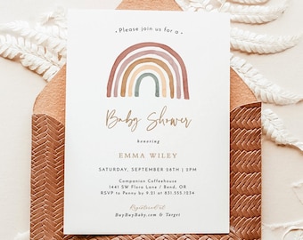 Rainbow Baby Shower Invitation, Gender Neutral Shower Invite, Muted Tones Boho Baby Shower, Bohemian Baby Shower Editable Template, RB1