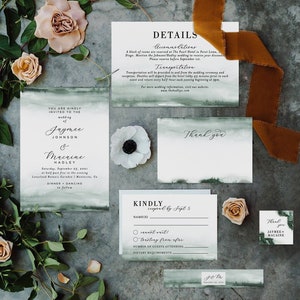 Emerald Wedding Invitation Suite Template | Green Ombre Watercolor | Forest Green Invitation | Editable Mountain Wedding Invite