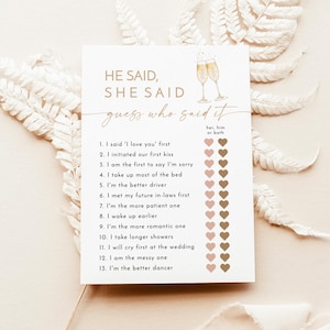 Modern He Said She Said Game, Champagne Bridal Shower Game, Brunch and Bubbly Bridal Shower, Modern Bridal Shower Game, B2