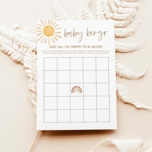 Jogo de chá de bingo Sunshine Baby, modelo de jogo de bingo Boho Baby, jogo divertido de chá de bebê, jogo de chá de gênero neutro, chá de bebê arco-íris S2