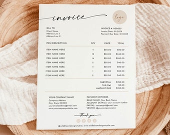 Minimalist Invoice Template, Boho Small Business, Modern Client Invoice, Editable Template, Services Invoice, Business Invoice, M9