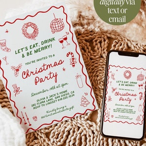 Kerstdiner uitnodiging, handgetekende kerstfeest, feestuitnodiging, vrolijk en helder kerstdiner uitnodiging bewerkbare sjabloon H1