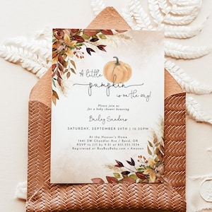 Fall Baby Shower Invitation, A Little Pumpkin is on the Way, Gender Neutral Baby Shower Invite, Burnt Orange, Editable Template, F2