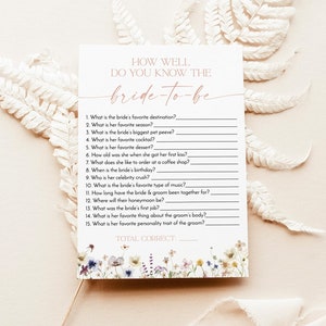 How Well Do You Know the Bride-to-Be Game, Wildflower Bridal Shower Game, Boho Bridal Trivia Shower Game, Editable Template, W1