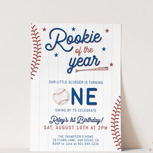 Baseball erste Geburtstagseinladung, Rookie des Jahres einladen, Baseball-Geburtstagsfeier einladen, Junge Geburtstag einladen, bearbeitbare Vorlage, R2
