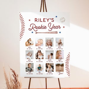 1st Birthday Photo Collage Template | Rookie of the Year Monthly Milestone | Baseball 1st Birthday | Baseball Birthday Photo Banner | R2