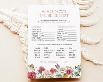 Who Knows The Bride-To-Be Best Game | Wildflower Bridal Trivia Shower Game | Boho Floral Bridal Shower Game | Wildflower Bridal Game | W1