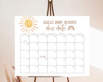 Sunshine Baby Due Date Calendar Game, Prediction, Rainbow Gender Neutral Shower, Guess Baby's Birth Template, Editable Template, S2