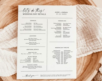 Wedding Day Details Template, Wedding Party Timeline, Wedding Day Schedule, Bridal Party Timeline, Minimalist Wedding Party Itinerary M9