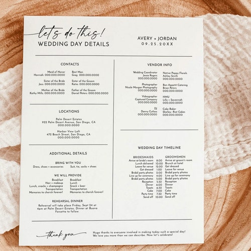 Destination Wedding Timeline Minimalist Itinerary Template - Etsy