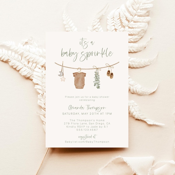 Modello di invito per neonato con granelli, invito, festa, verde salvia, boho, download immediato, modello modificabile, C5