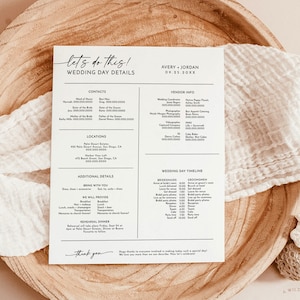 May include: A printable wedding day details card with a minimalist design. The card includes contact information, locations, additional details, vendor information, and a wedding day timeline. The text "Let's do this!" is at the top of the card.
