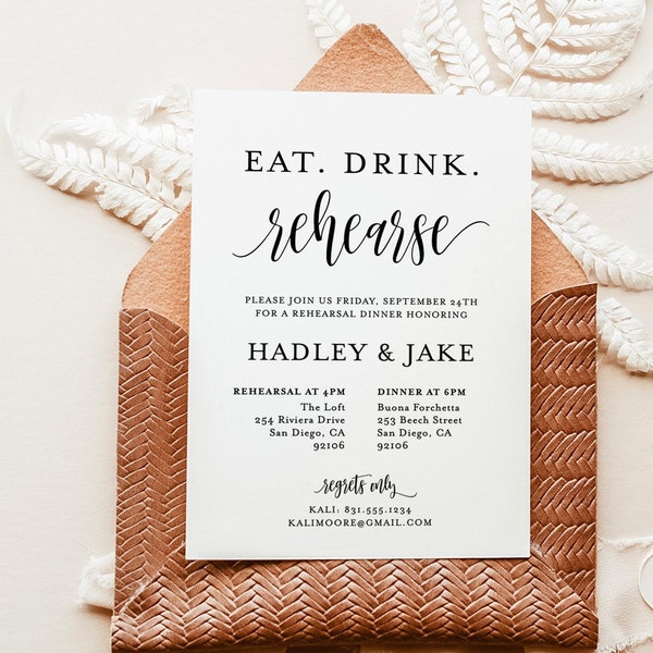 Minimalist Rehearsal Dinner Invitation Template | Eat, Drink, Rehearse | Rustic Rehearsal Dinner Invite | Editable Rehearsal Dinner Invite