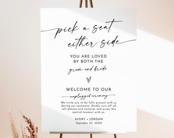 Modern Wedding Welcome Sign | Minimalist Pick a Seat Sign | Unplugged Ceremony Welcome Sign | Wedding Poster | Editable Template | M9