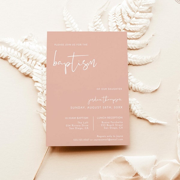 Blush Pink Baptism Invitation Template, Modern Minimalist Baptism Invite, Boho Girl Baptism Invite, 1st Communion, Editable Template M4