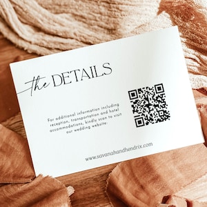 Kaart met QR-codedetails, minimalistische bruiloft insteekkaart, moderne kaart trouwdetails, RSVP online, bewerkbare insteekkaart uitnodiging, D1