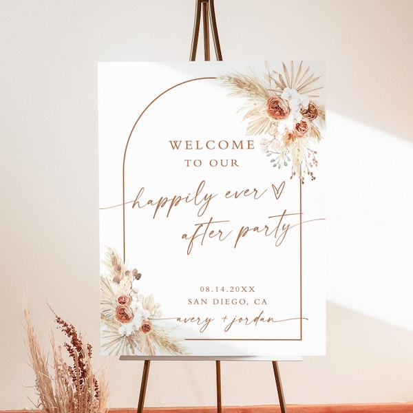 Panneau de bienvenue pour mariage Boho Arch | Panneau de bienvenue « Happy Ever After Party » | Panneau de bienvenue Pampas Grass | Panneau de bienvenue Elopement moderne | A2