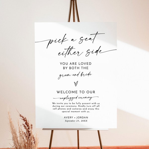 Modern Wedding Welcome Sign, Minimalist Pick a Seat Sign, Unplugged Ceremony Welcome Sign, Wedding Poster, Editable Template, M9