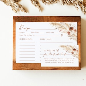 Bruids douche receptenkaart invoegen, pampagras kaartsjabloon recept, Boho bruids douche, bruids douche receptverzoek, A4