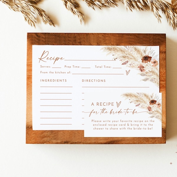 Bridal Shower Recipe Card Insert | Pampas Grass Recipe Card Template | Boho Bridal Shower | Bridal Shower Recipe Request | A4