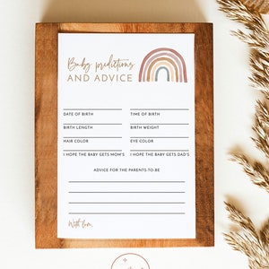 Tarjeta de consejos y predicciones de Rainbow Baby Shower, juego de baby shower de género neutro, tarjeta de consejos para nuevos padres, plantilla de juego editable, RB1