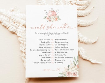 Serait-elle plutôt jeu de douche nuptiale, anecdotes sur le thé, bohème, fleurs roses, téléchargement immédiat, modèle modifiable, T4