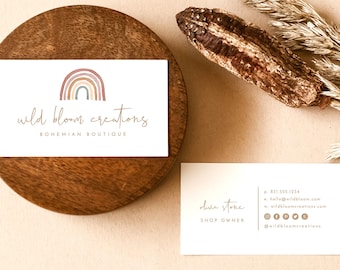 Plantilla de tarjeta de visita arcoíris, acuarela arcoíris boho, plantilla de tarjeta de visita editable, plantilla de tarjeta de visita boho moderna, RB1
