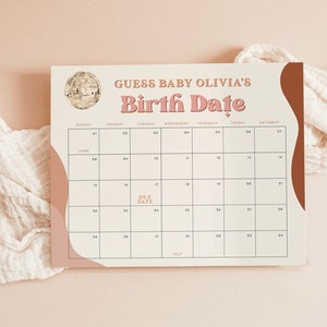 Retro Baby Due Date Calendar Game, Baby Prediction Due Date Game, Gender Neutral Disco Shower, Guess Baby's Birth Date Poster, R1